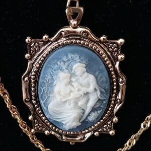 Blue and gold Cameo with lovers double chain. Gorgeous costume jewelry.